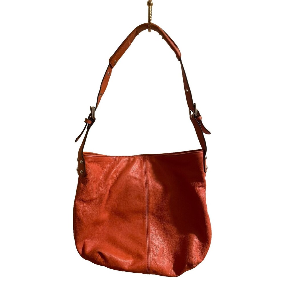 Tignanello Orange Pebbled Leather Hobo Shoulder Bag Multi Pocket Purse Chain Lin